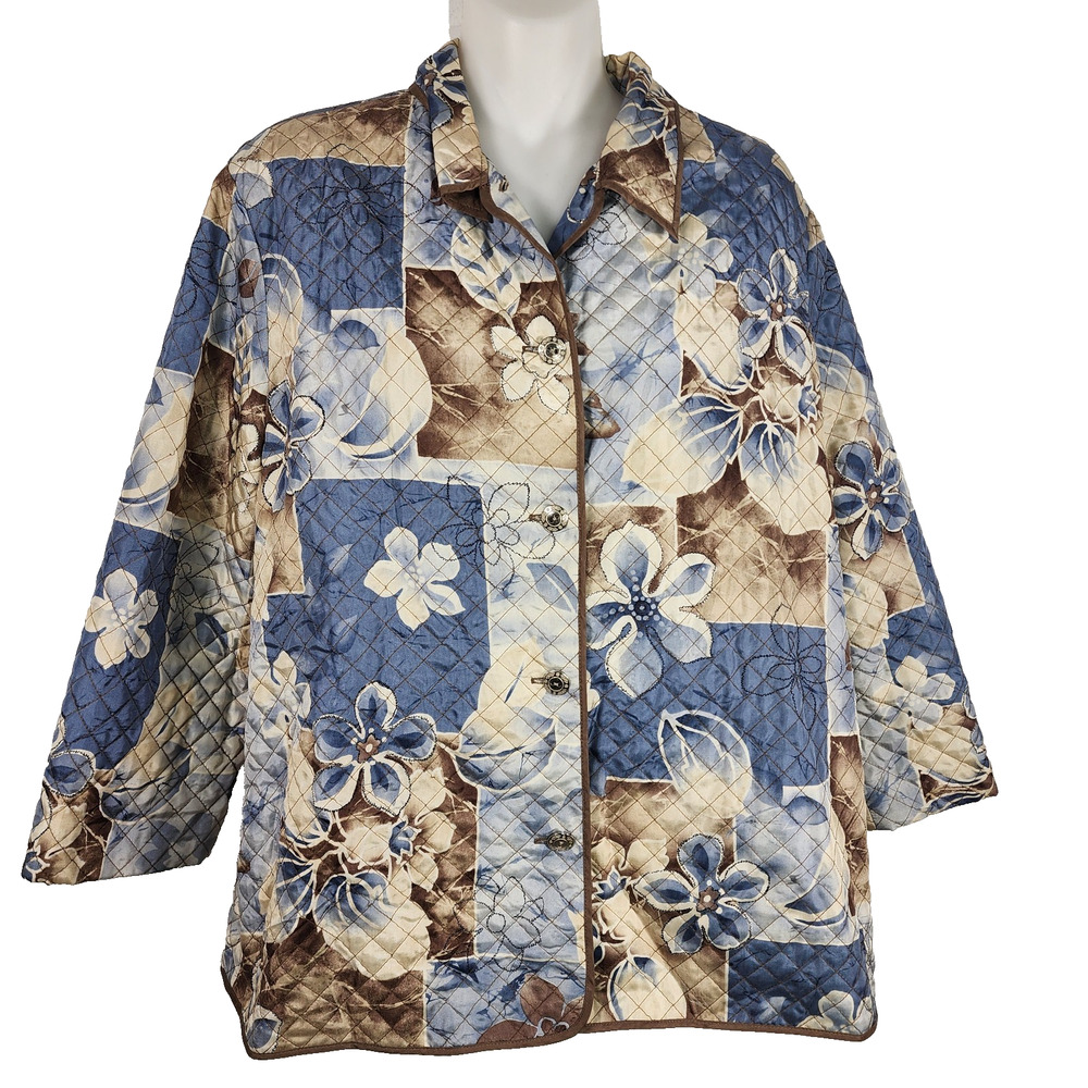 Alfred Dunner Women Quilted Silk Blazer 12P Floral Button 3/4 Sleeve Cottagecore
